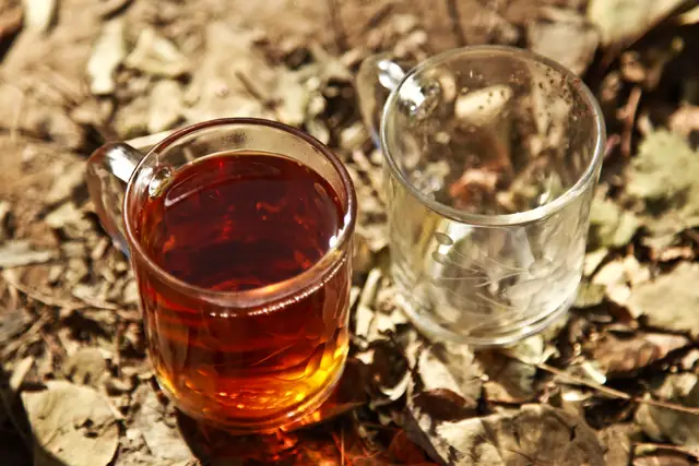 دو گیلاس چای، یکی پر از چای سرخ و دیگری خالی